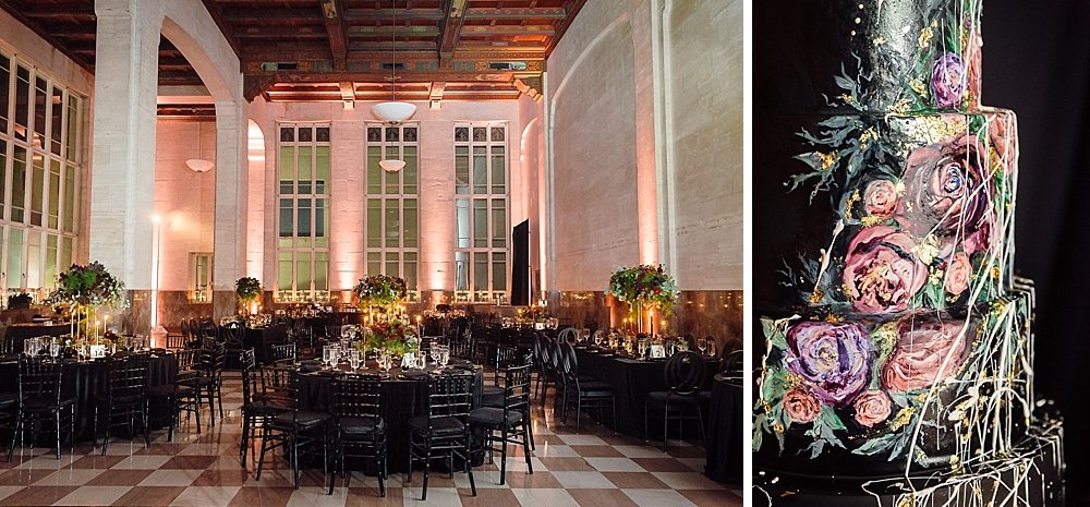 This moody and eclectic wedding at the historical DuPont Building in Miami, Florida is sure to make you swoon. | Gotham City Gala decor for the reception and a beautifully elegant black, gold, blush rose painted wedding cake