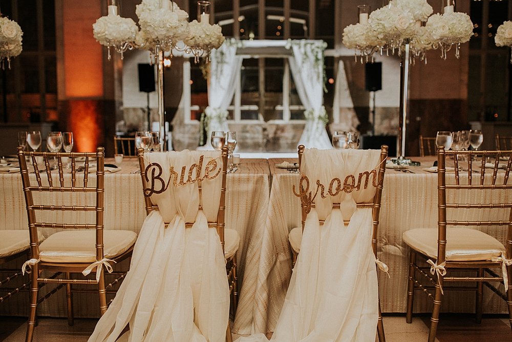 modern-day traditional wedding, gold and white table decor, miami wedding at the Alfred I Dupont Building