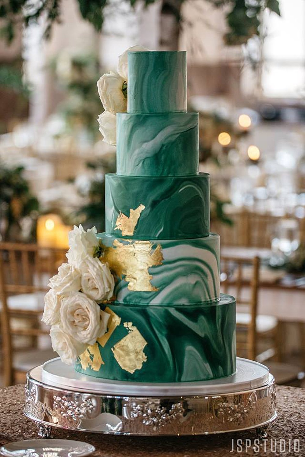 Emerald Green and Gold Foil 5-tier wedding cake with white roses | Vintage Garden Wedding at the Historic Alfred I DuPont Building in Miami, FL