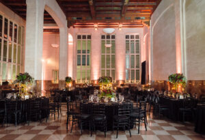 Black and maroon wedding cake at a September wedding at The Historic Alfred I. duPont Building.