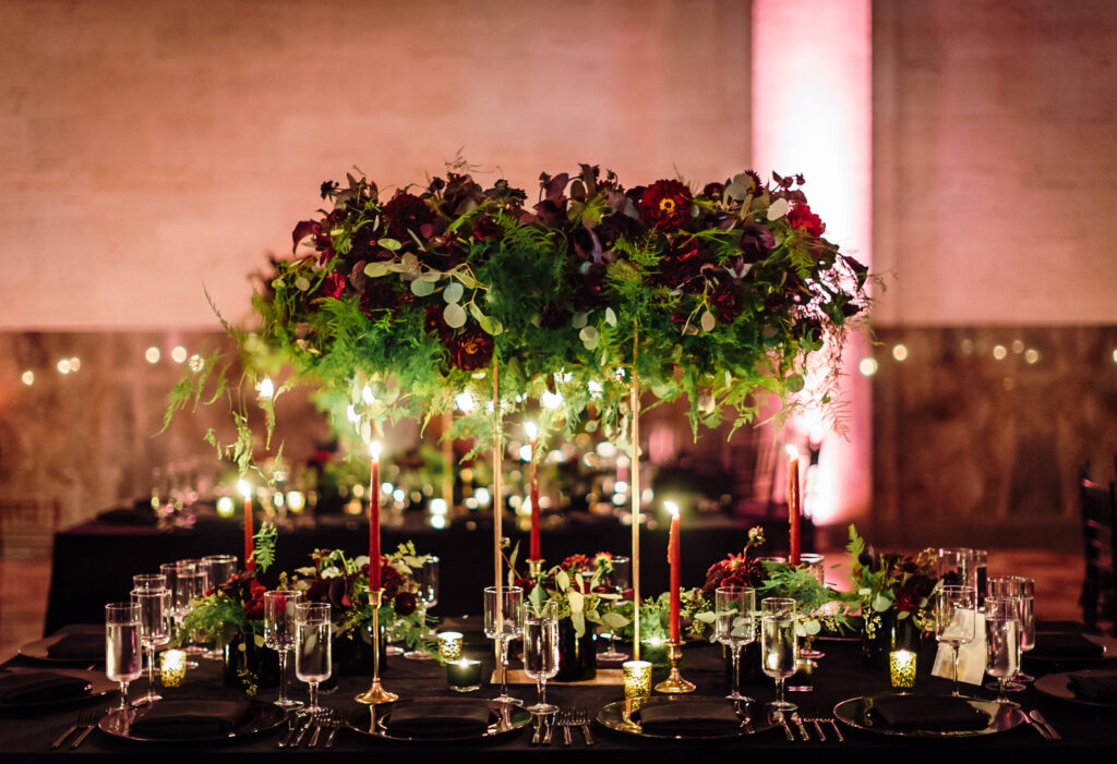 moody wedding Miami reception décor with candlelight