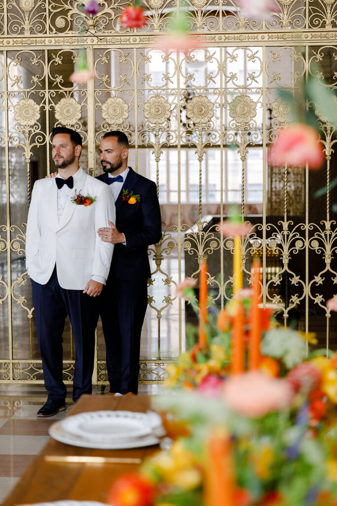 fall same-sex wedding inspiration with bold florals