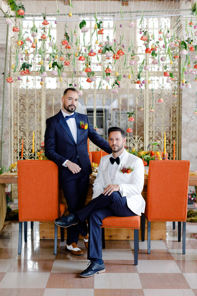 fall same-sex wedding inspiration with bold florals