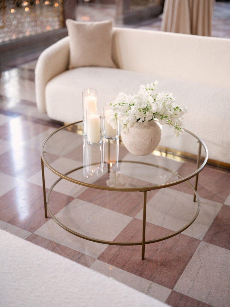 Cloud Dancer event design lounge setup with white florals and soft textures