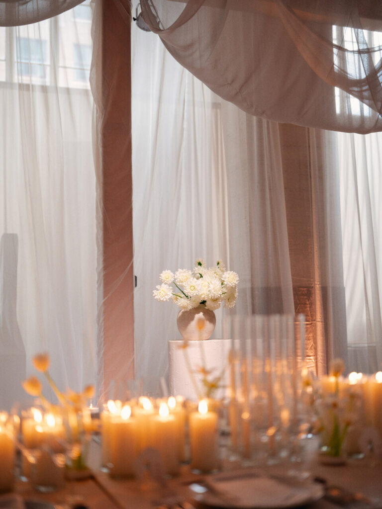 Cloud Dancer event design lounge setup with white florals and soft textures