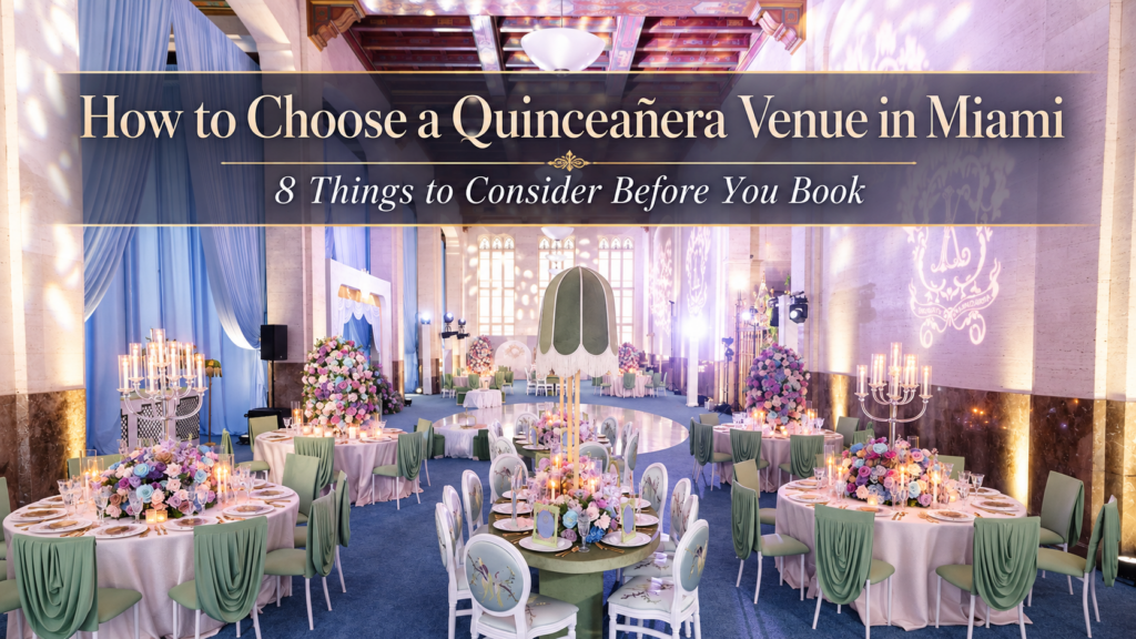 Miami quinceañera venue at the Historic Alfred I. duPont Building with pastel floral décor and elegant ballroom styling