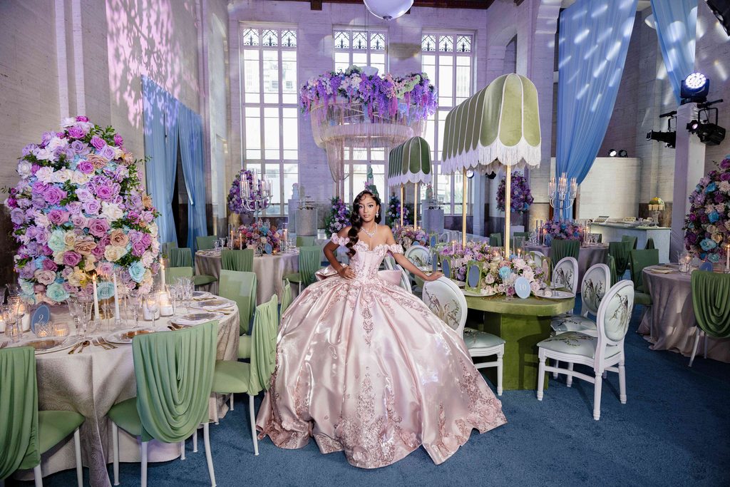 Miami quinceañera venue featuring Kennedy in her pink gown at the Historic Alfred I. duPont Building